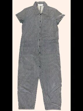 XS Red Sky Striped Jumpsuit Navy Blue White Utility Workwear Short Sleeve